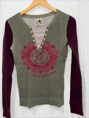 Lucky Brand long-sleeve henley shirt graphic w/ a Chinese character for luck L